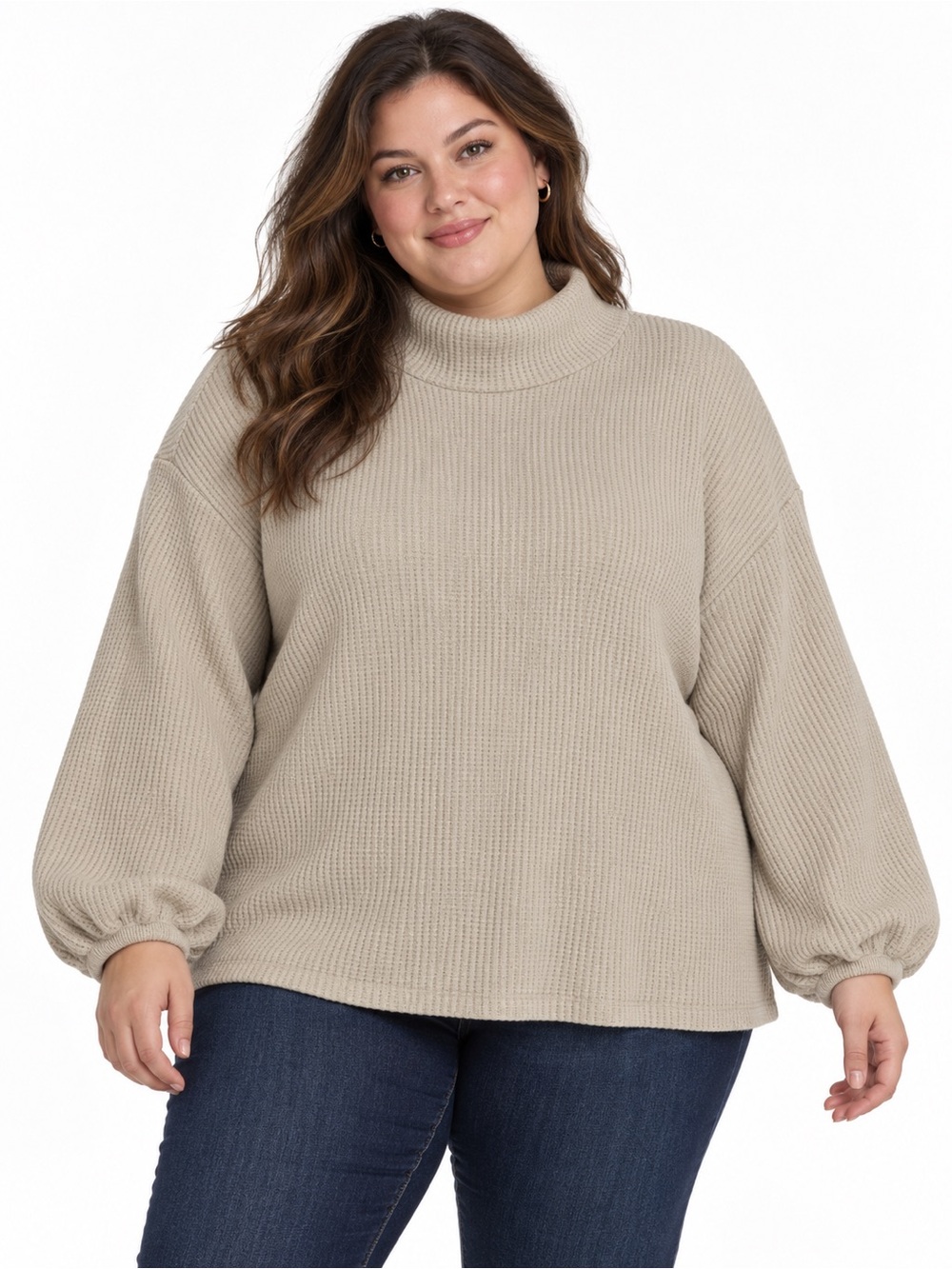 Ava & Viv Taupe Ribbed Mock Neck Pullover Sweatshirt
